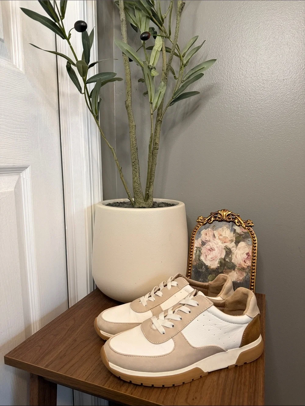 LifeStride Horizon Leather Comfort Sneakers White Taupe Women’s Size 8